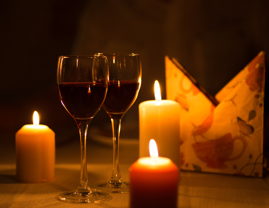 Romantic Dinner with Candles and Wine